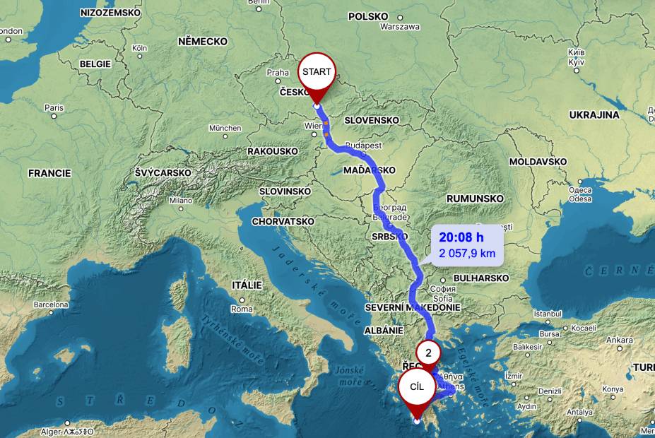 mapa našeho pětidenního přejezdu z ČR na Peloponés